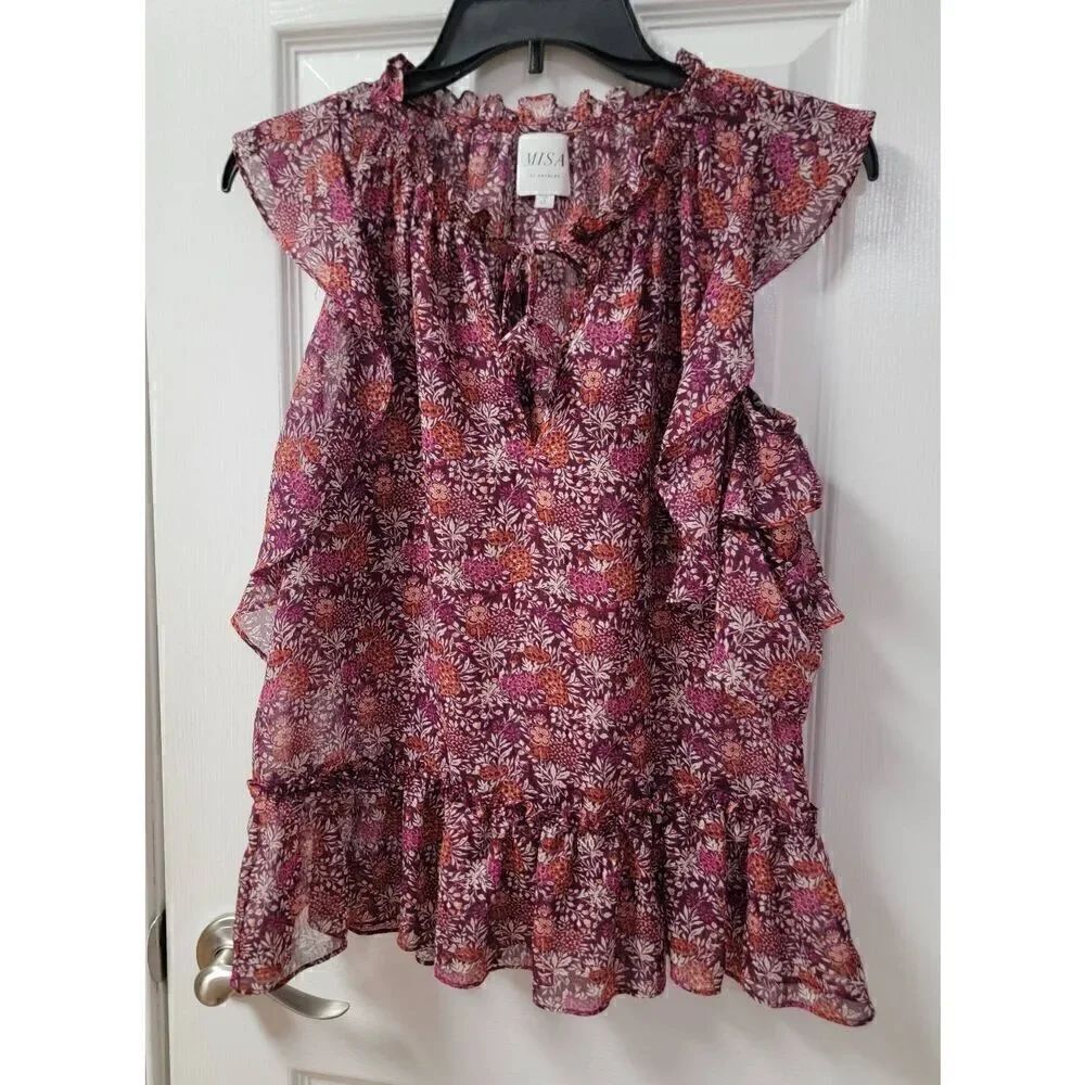 MISA LA Floral Print Cold Shoulder Ruffle Top S